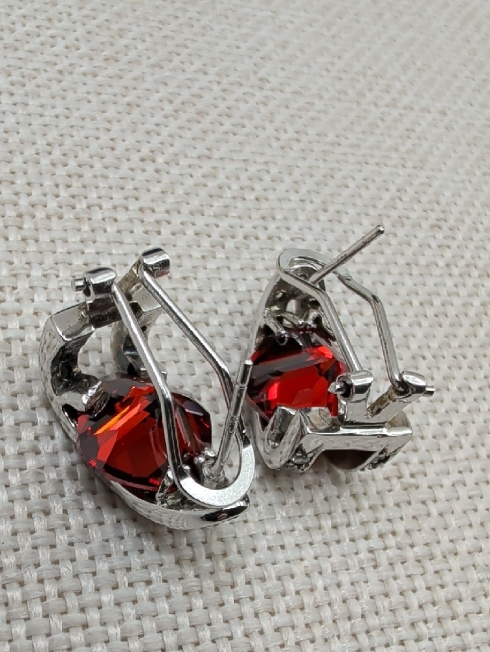 Vintage 925 Sterling Silver Garnet Half Hoop Lever Back Earrings - Picture 4 of 17